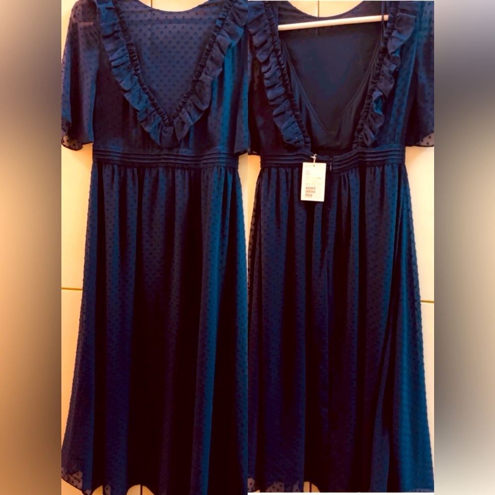 & Other Stories Holiday Eveningnavy Swiss Dot Open Back Ruffle Midi Dress Size 6